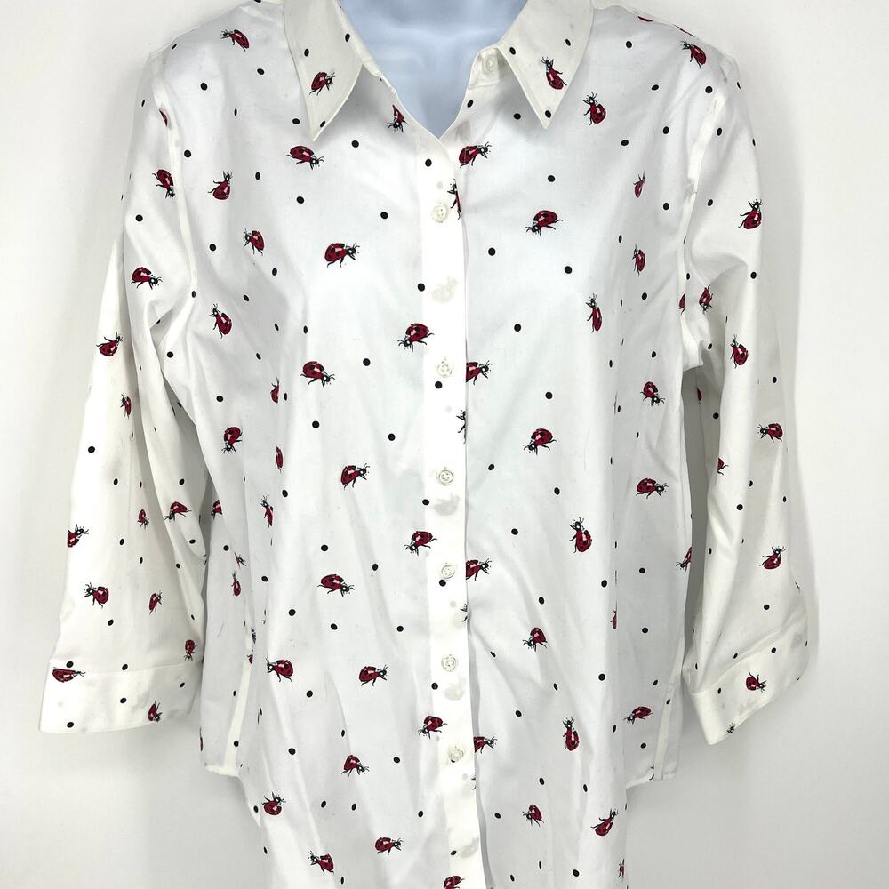 Coldwater Creek 100% Cotton White with Ladybug Print Button Up Blouse 14P NWT